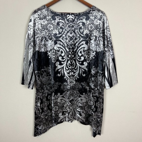 Catherines Tunic Top Womens 0X Gray Velvet Studded Floral 3/4 Sleeve Blouse - Picture 6 of 8